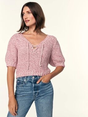 AMO Pink Knit Short-Sleeve Sweater Top, Aviva Short Sleeve Sweater